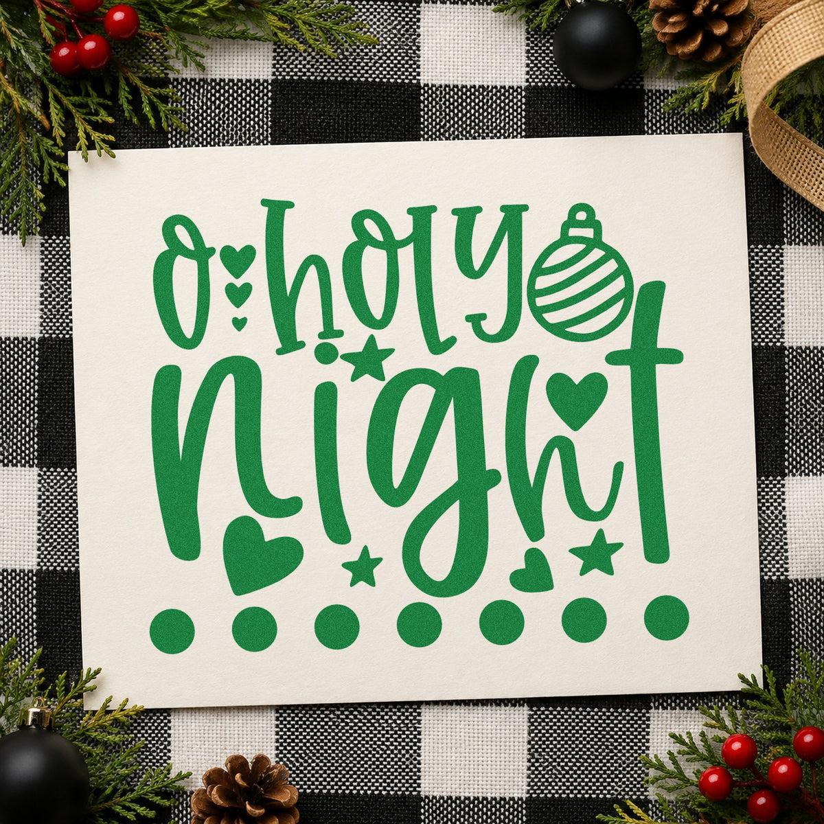 O Holy Night Hearts craft stamp imprint in green ink on a handmade project, one idea being glass ball tags.