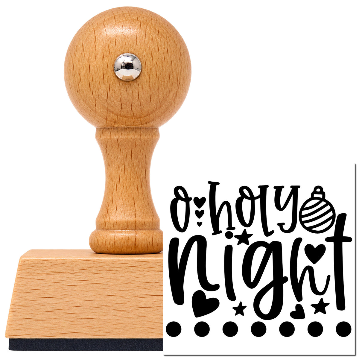 Vintage Pro beech wood stamp with a round knob handle, shown with its black O Holy Night imprint on white.