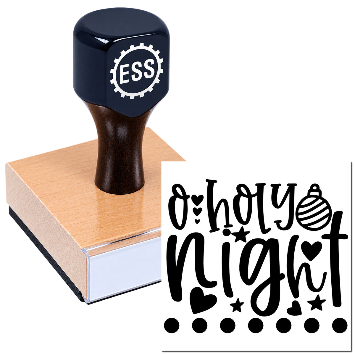 Dark navy ESS stamp on wooden block beside black "holy night" seal with hearts, stars and ornament.