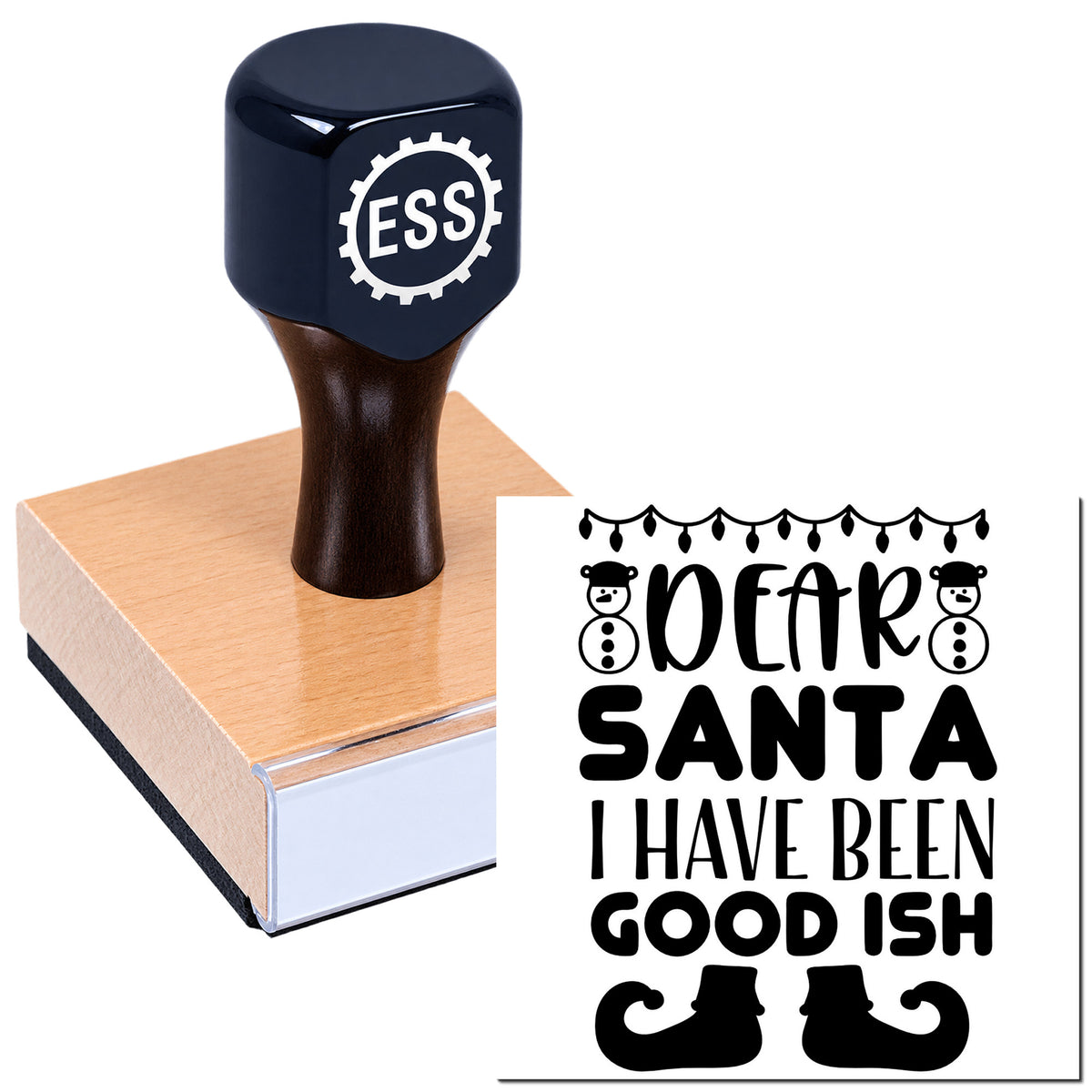 Dark navy ESS rubber stamp on a wooden block beside a black "Dear Santa I Have Been Good Ish" seal with snowmen and boots