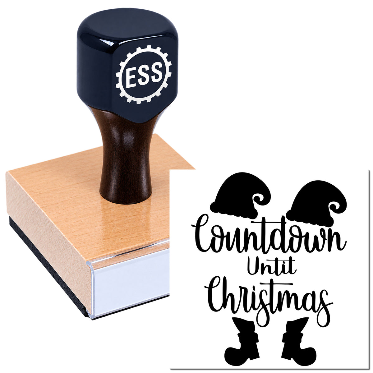 Navy rubber stamp on wooden block beside black Countdown Until Christmas seal with Santa hats and boots.