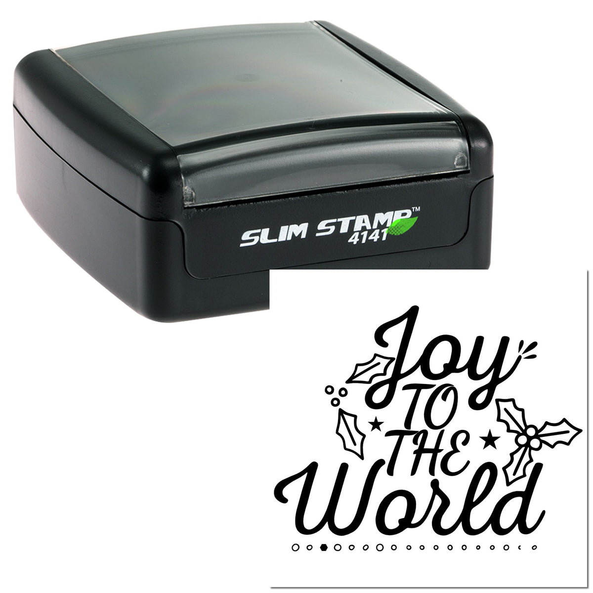 Black and gray Slim Stamp 4141 self-inking stamp with festive Joy to the World holiday seal and holly accents.