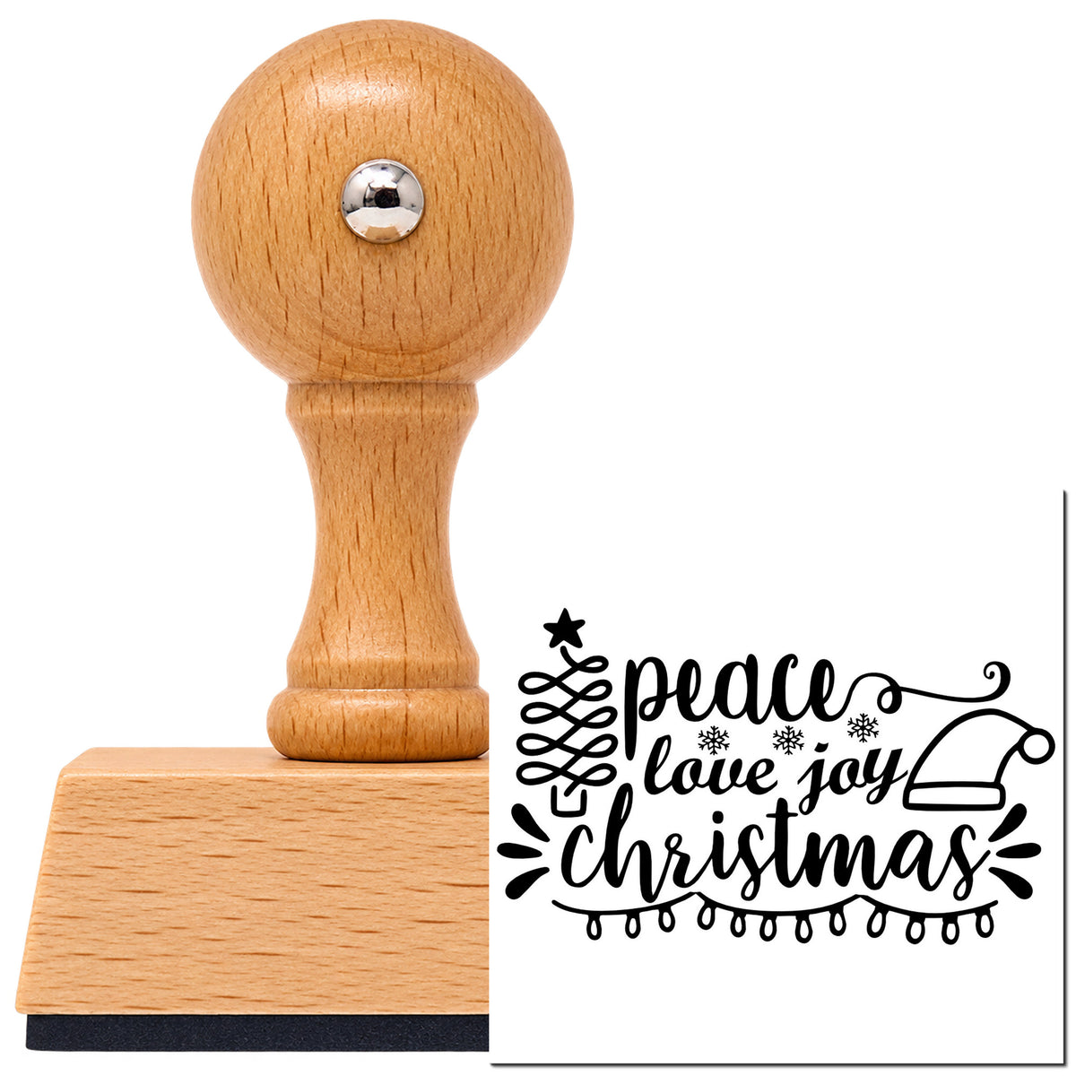 Vintage Pro beech wood stamp with a round knob handle, shown with its black Peace Love Joy Christmas Tree Motif imprint on white.