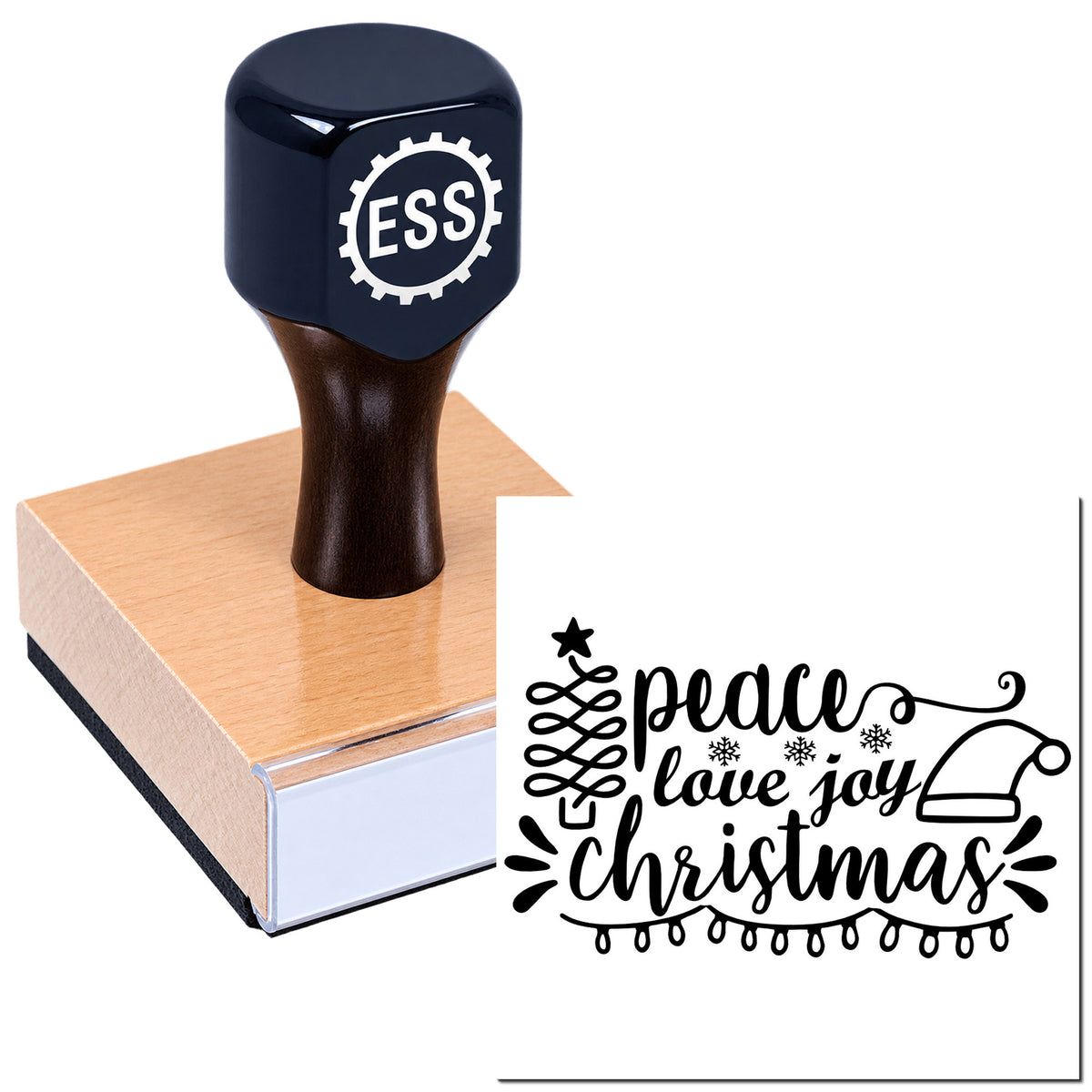 Dark blue ESSI rubber stamp on wooden block with black "peace love joy Christmas" holiday seal design.