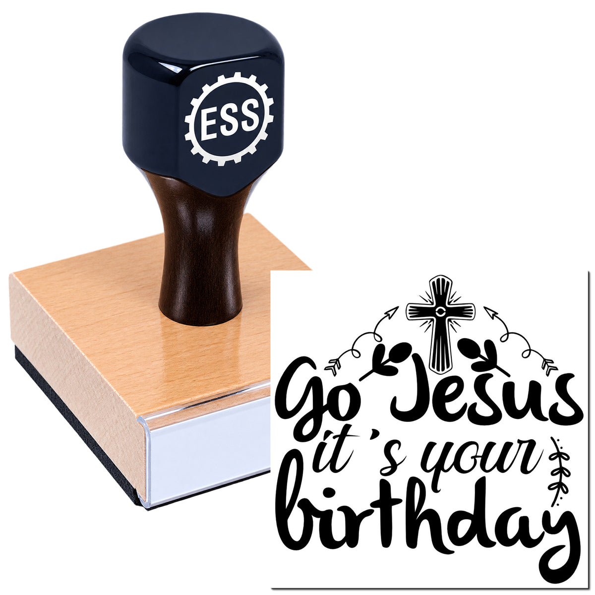 Dark blue ESS rubber stamp on wooden block with matching seal design reading "Go Jesus it's your birthday."