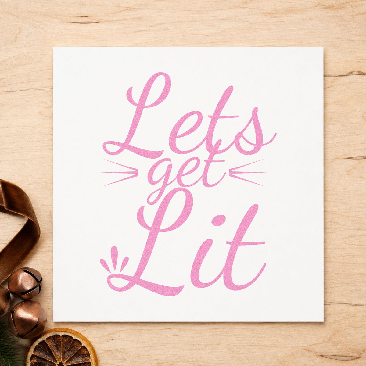 Let's Get Lit Script craft stamp in purple ink on cardstock, an easy option for light show album page.