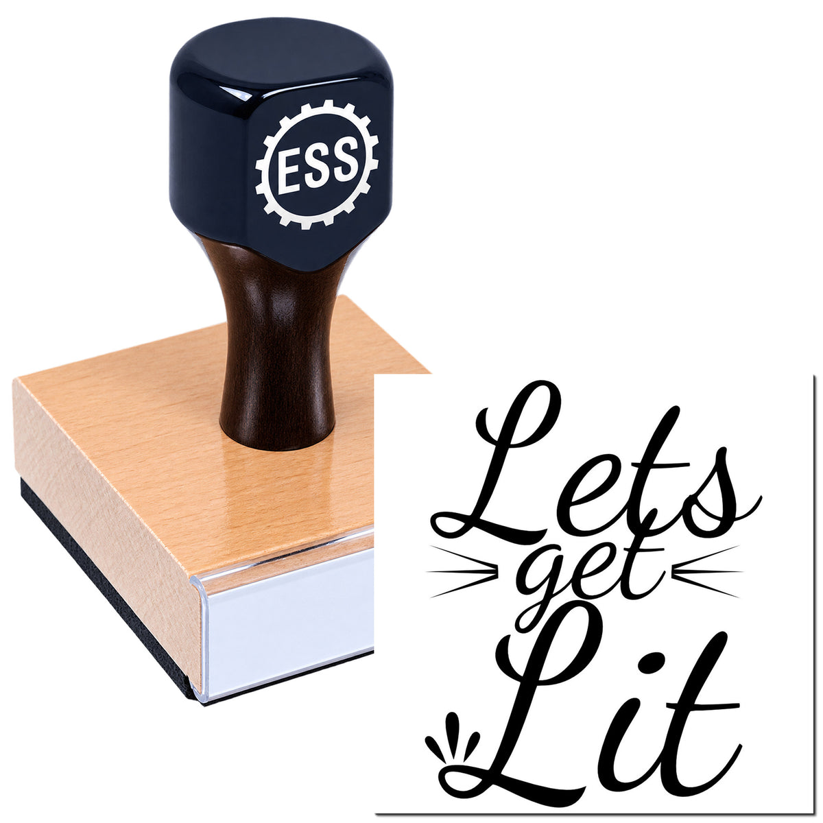 Dark navy ESS rubber stamp on a wooden block with "Lets get Lit" seal graphic on white background.
