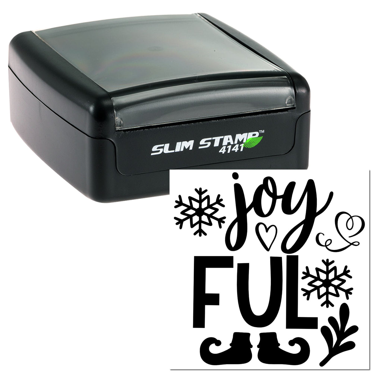 Black Slim Stamp 4141 self-inking stamp with festive JOY/FUL design, snowflakes, hearts, and boots on white background.
