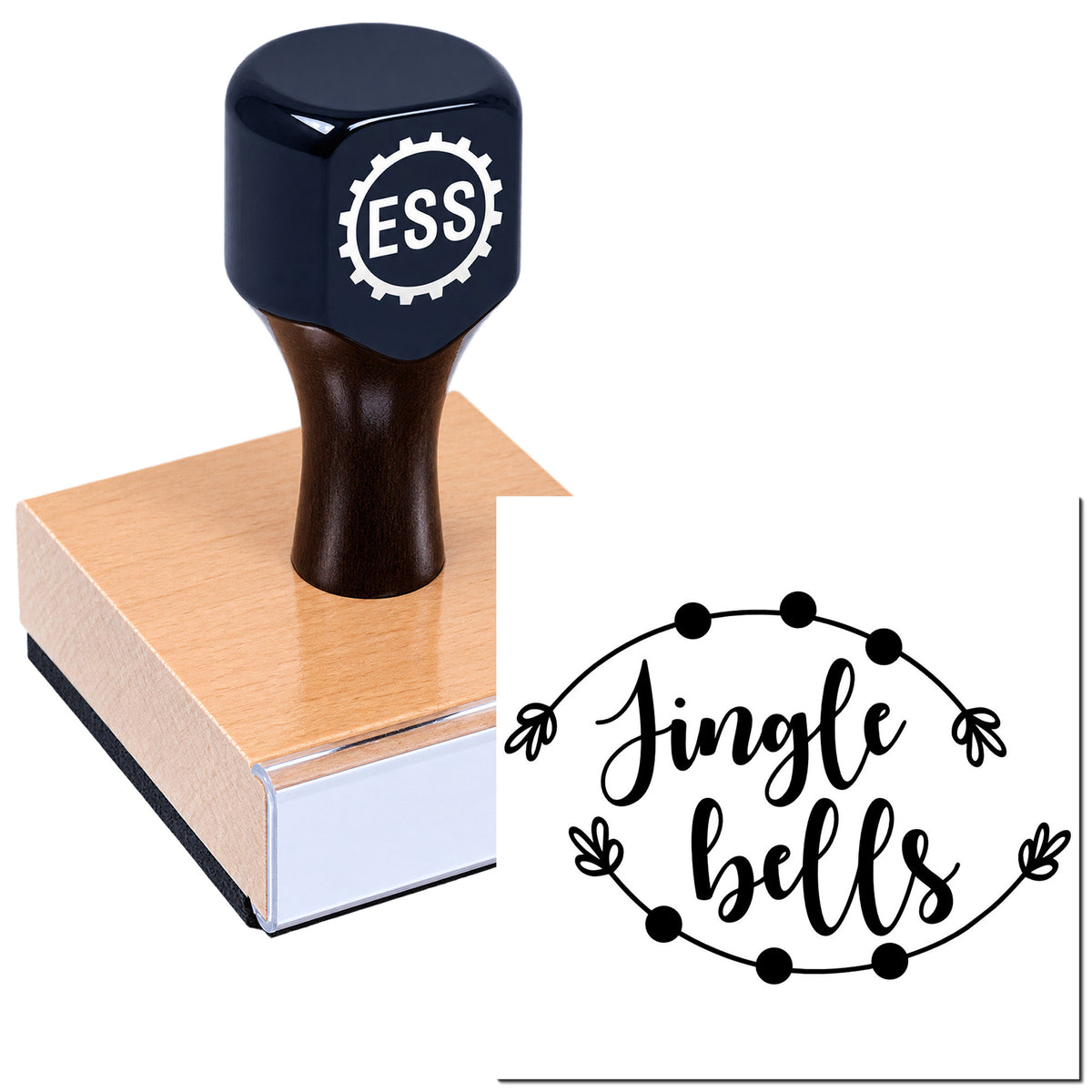 Navy ESS stamp on pink wooden block with black Jingle bells seal design.