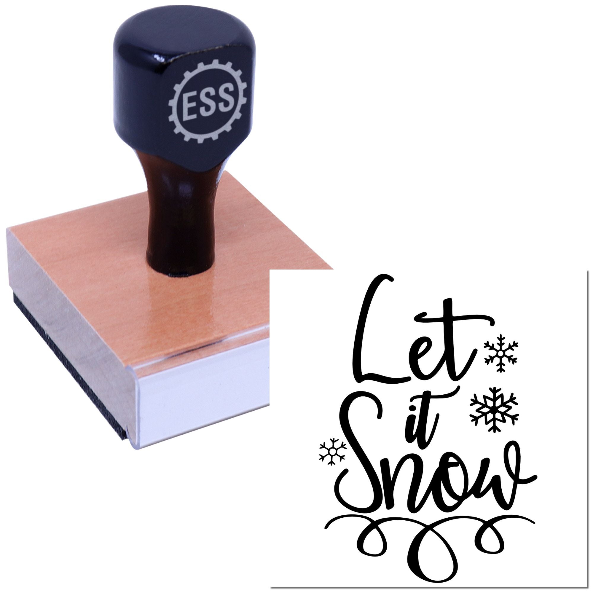 Dark blue ESS stamp on wooden block beside black Let it snow seal design with snowflakes on white background.