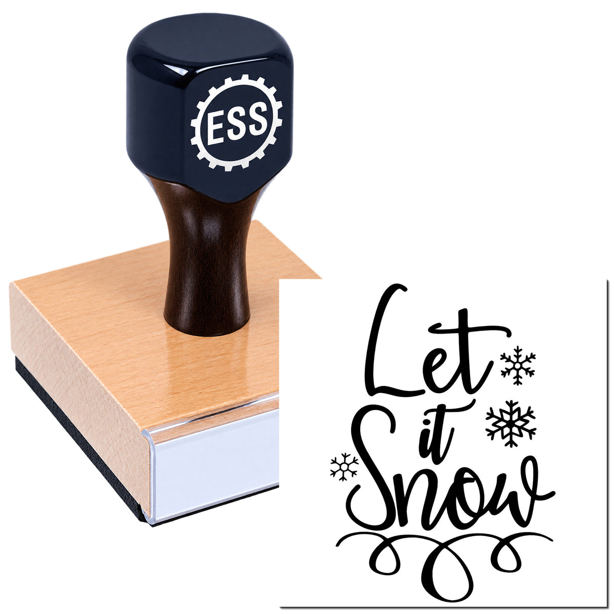 Dark blue ESS stamp on wooden block beside black "Let it snow" seal design with snowflakes on white background.