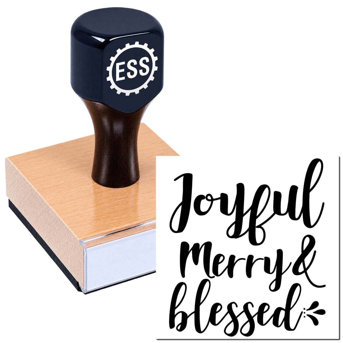 Navy ESS rubber stamp and seal block with "Joyful Merry & Blessed" script on a white background.