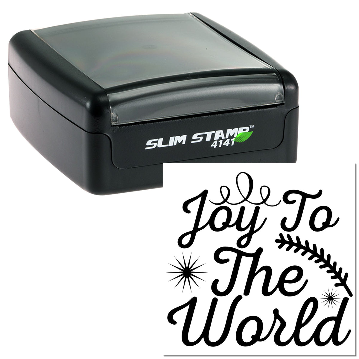 Black Slim Stamp 4141 self-inking stamp with clear cap and custom seal reading Joy To The World in black script with starbursts.