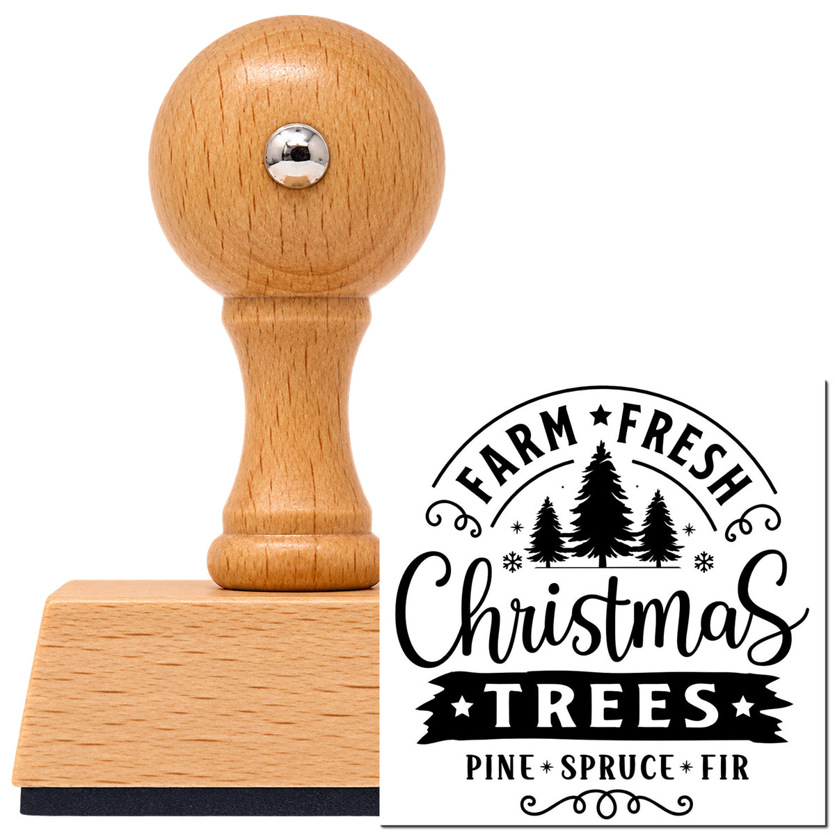 Vintage Pro beech wood stamp with a round knob handle, shown with its black Farm Fresh Christmas Trees Pine Spruce Fir imprint on white.