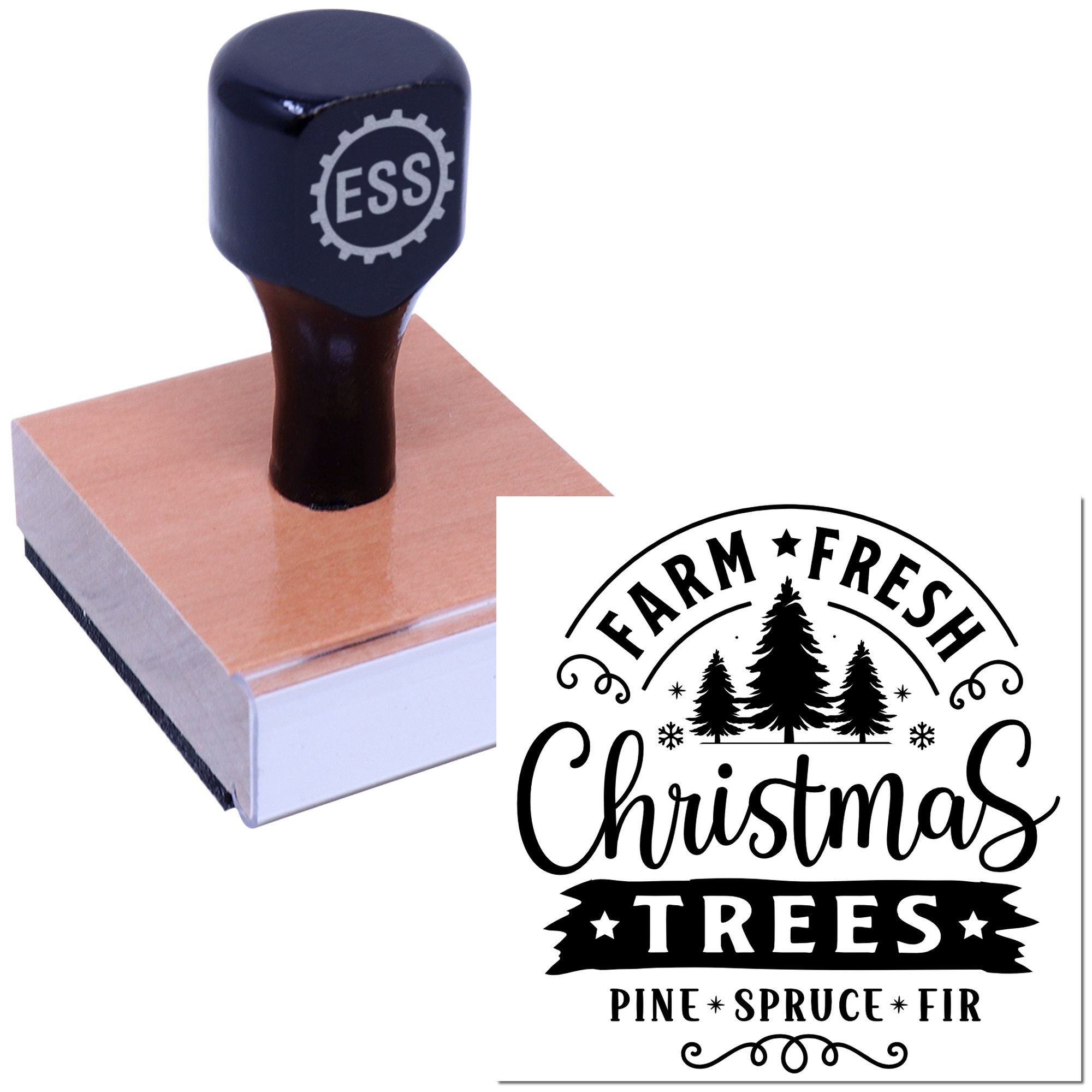 Black self-inking rubber stamp on wood block with white Farm Fresh Christmas Trees seal design, pine spruce fir text.