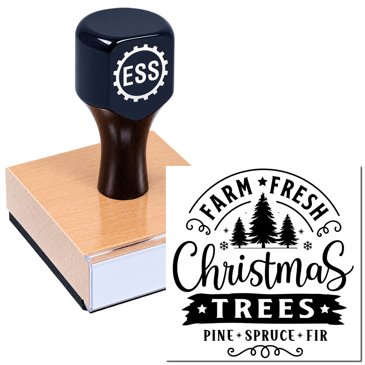Black self-inking rubber stamp on wood block with white Farm Fresh Christmas Trees seal design, pine spruce fir text.