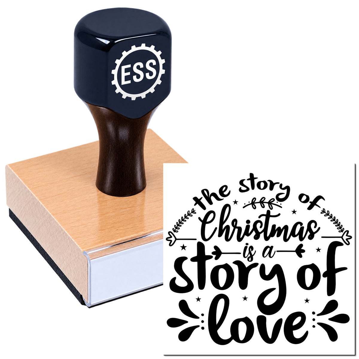 Navy ESS custom stamp on wooden block beside black Christmas seal design reading "the story of Christmas is a story of love"
