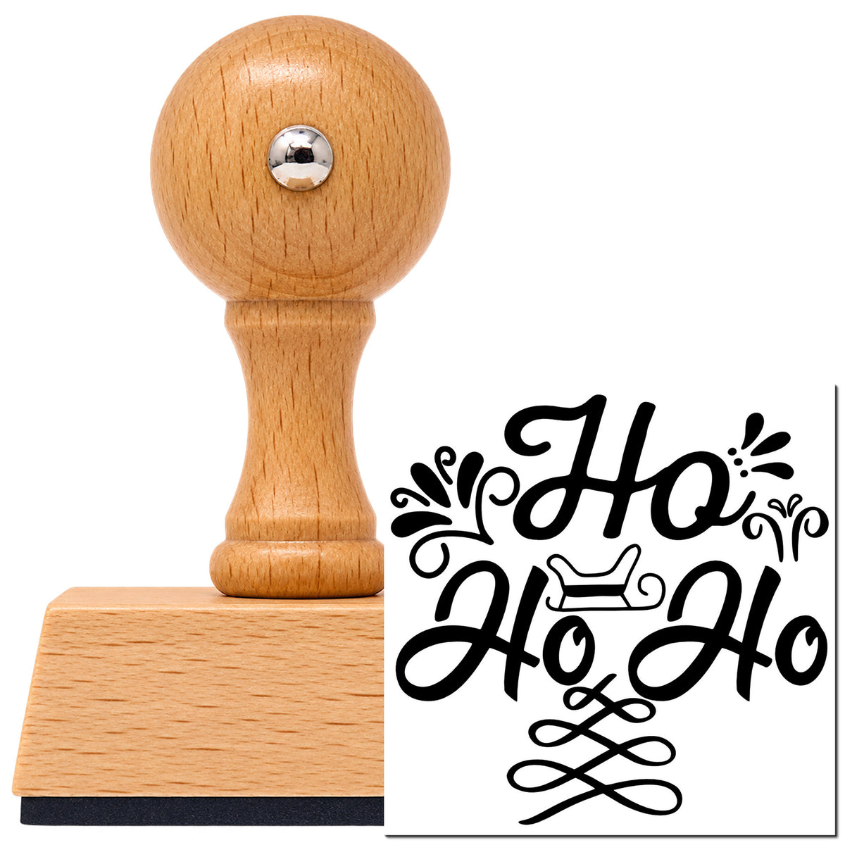 Vintage Pro beech wood stamp with a round knob handle, shown with its black Ho Ho Ho Sleigh Leaf Accents imprint on white.