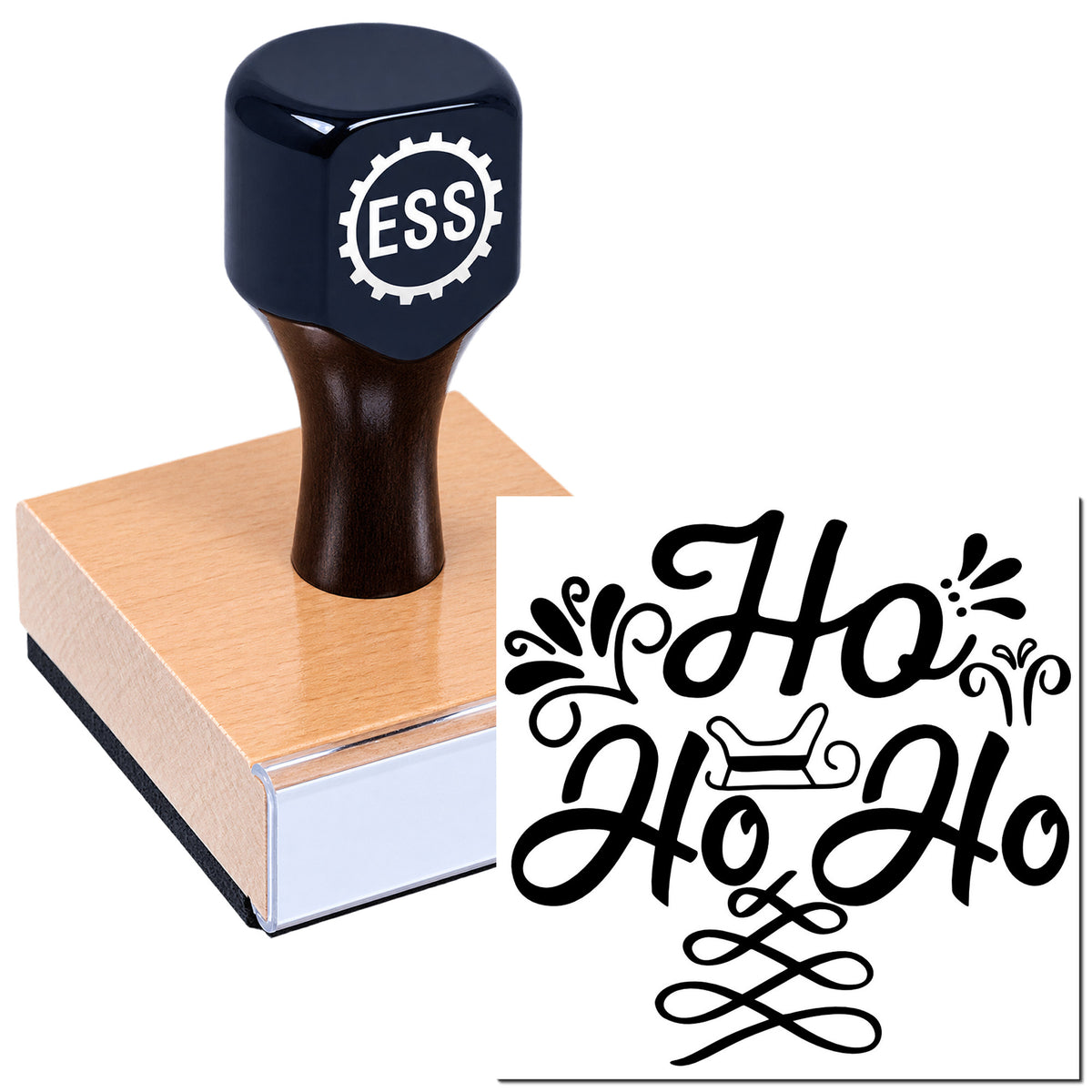 Black rubber stamp with ESS logo on wooden block beside decorative black Ho Ho Ho holiday seal design