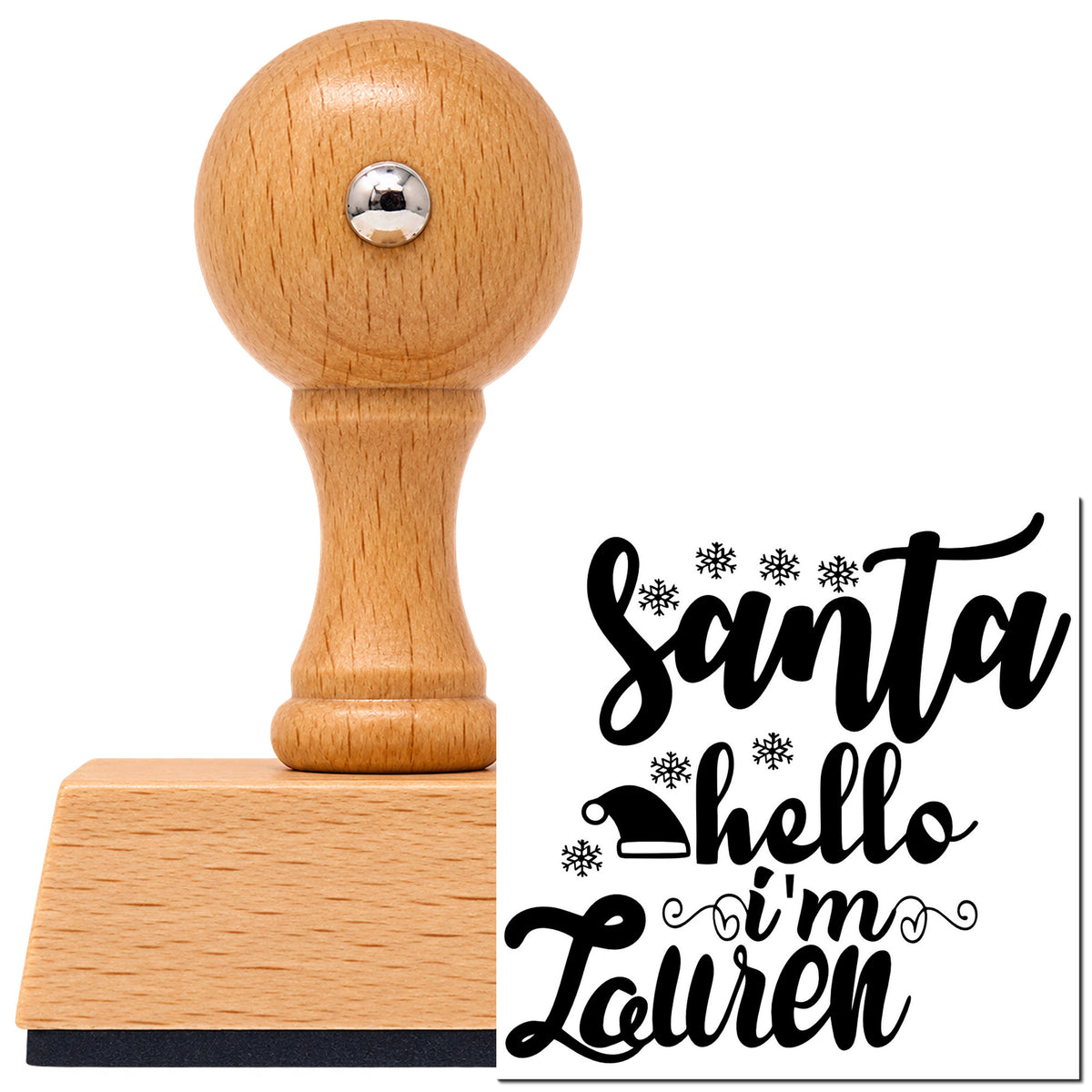 Vintage Pro beech wood stamp with a round knob handle, shown with its black Santa Hat With Hello I'm Lauren imprint on white.