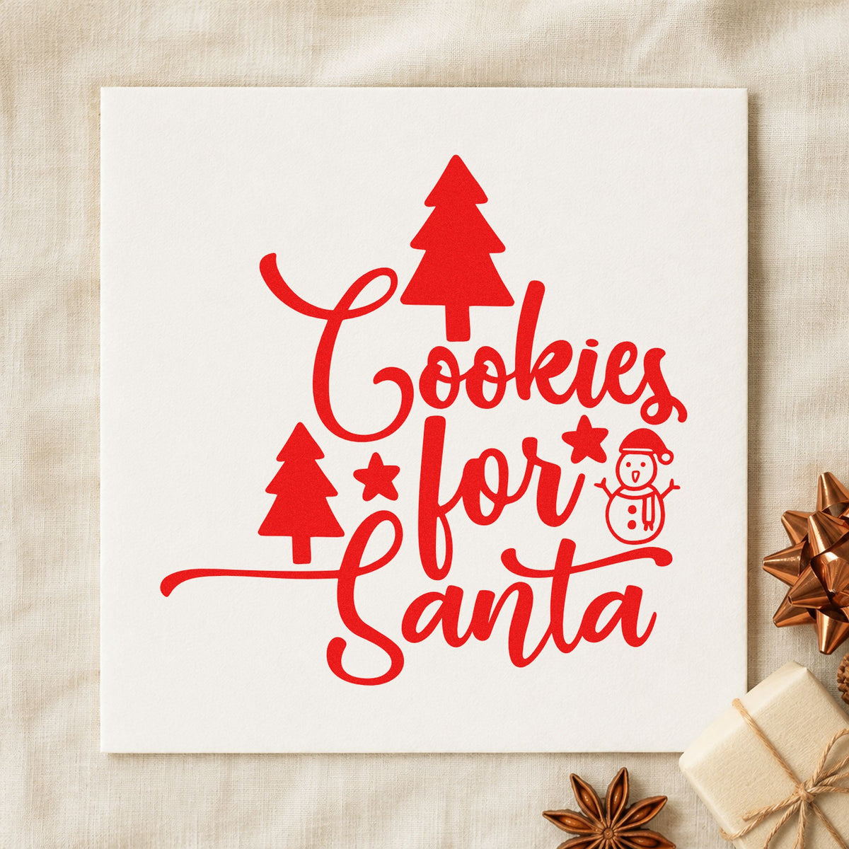 Cookies For Santa Trees craft stamp in red ink on cardstock, an easy option for smock pocket printing.