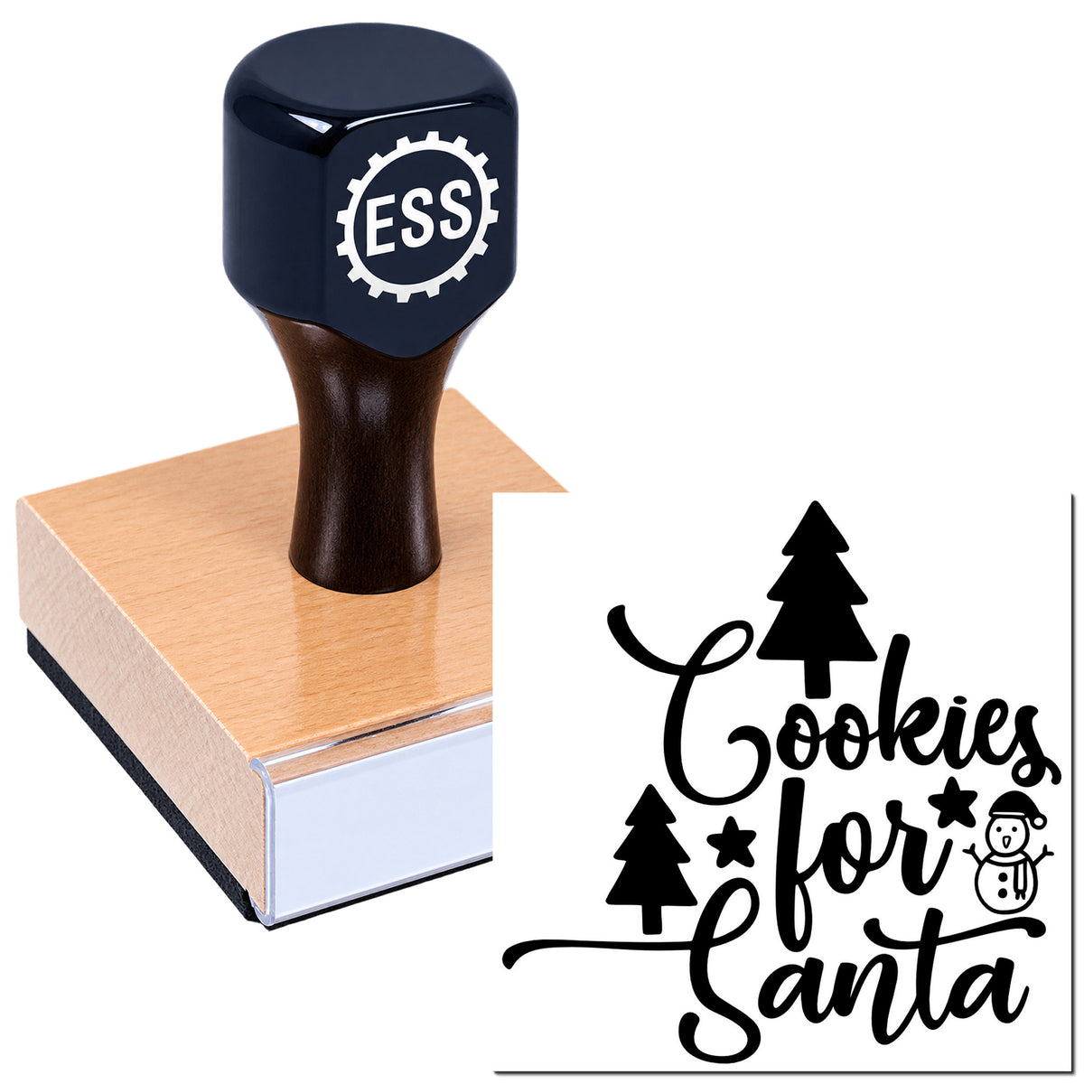 Black ESS stamp handle on wooden base with "Cookies for Santa" holiday seal graphic, trees, stars, and snowman icon.