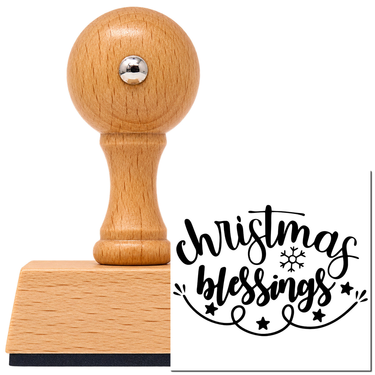 Vintage Pro beech wood stamp with a round knob handle, shown with its black Christmas Blessings Snowflake Leaf Accents imprint on white.