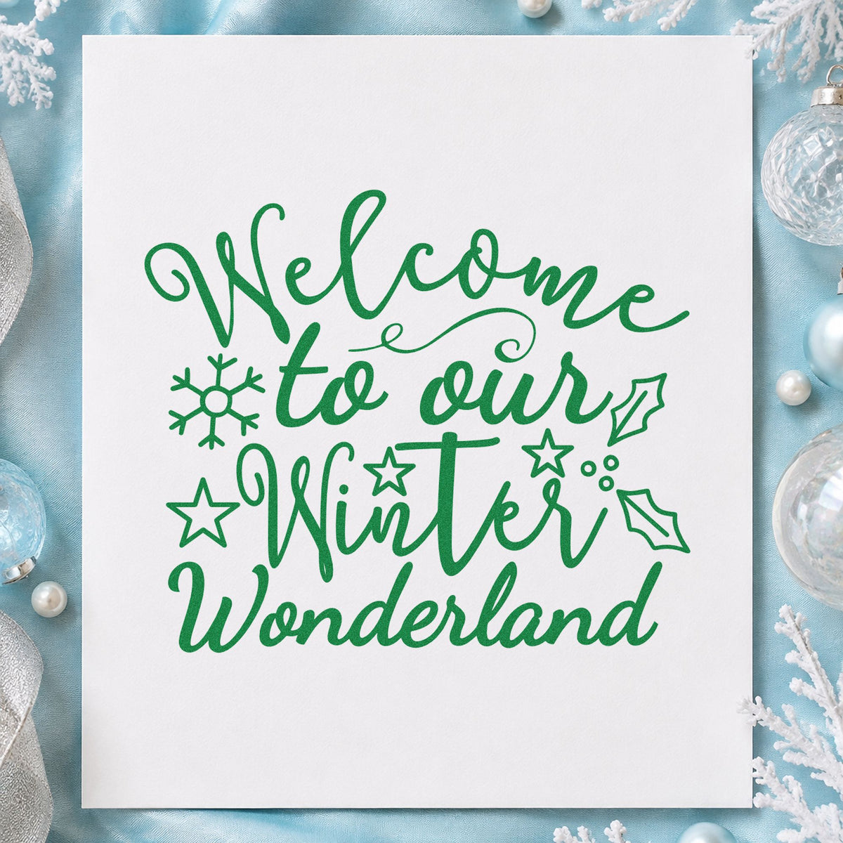 Welcome Winter Wonderland craft stamp imprint in green ink on a handmade project, one idea being guest bag gift tags.