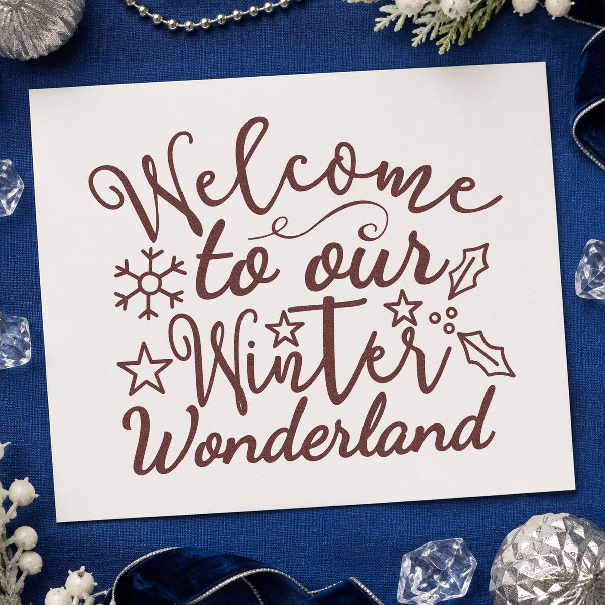 Welcome Winter Wonderland rubber stamp printed in brown ink, ready for arrival check sheet and similar paper crafts.