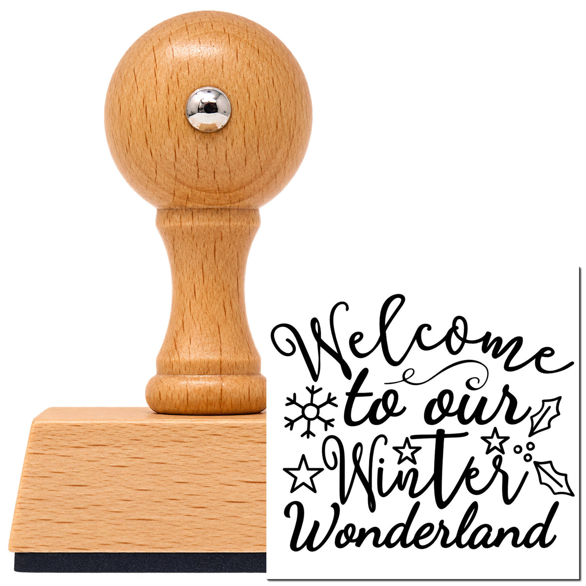 Vintage Pro beech wood stamp with a round knob handle, shown with its black Welcome To Our Winter Wonderland imprint on white.