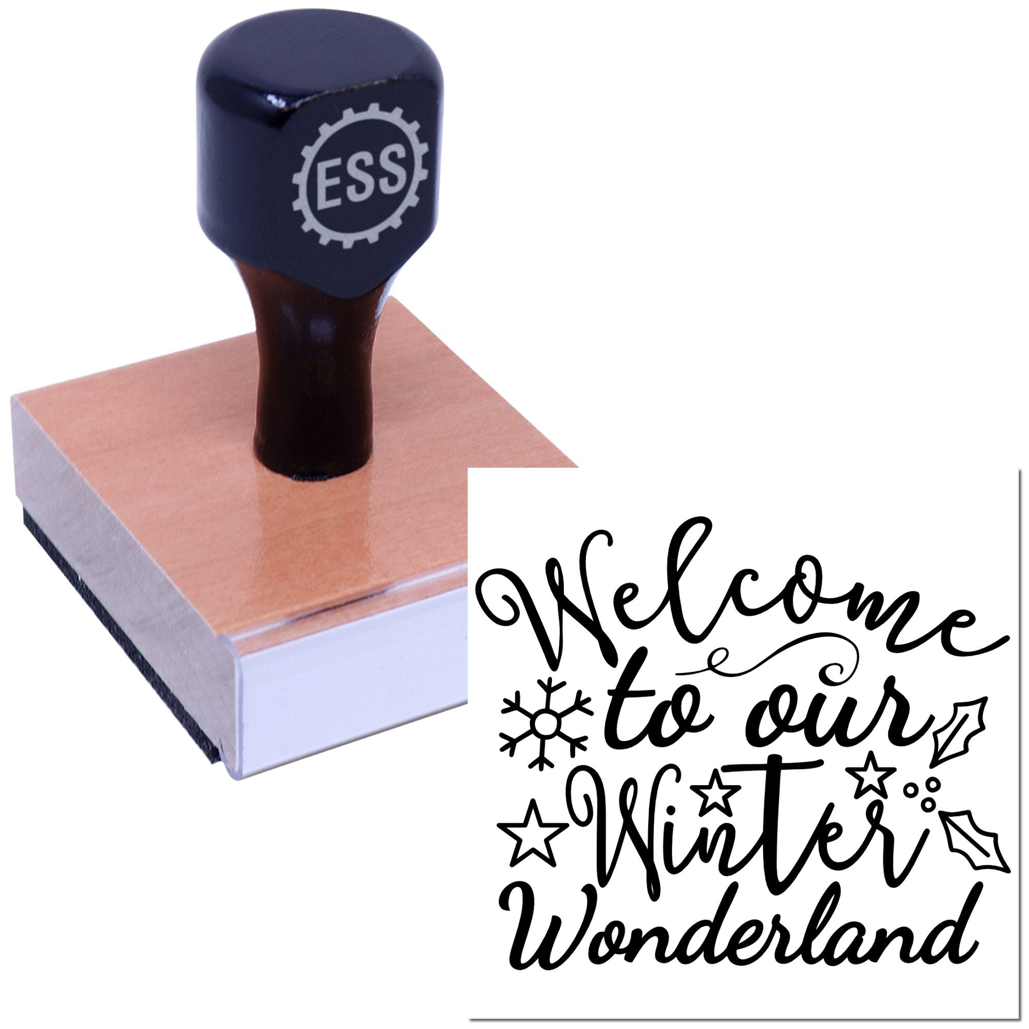 Black ESS self-inking stamp on a wooden base with a winter welcome seal design in black script and white accents.