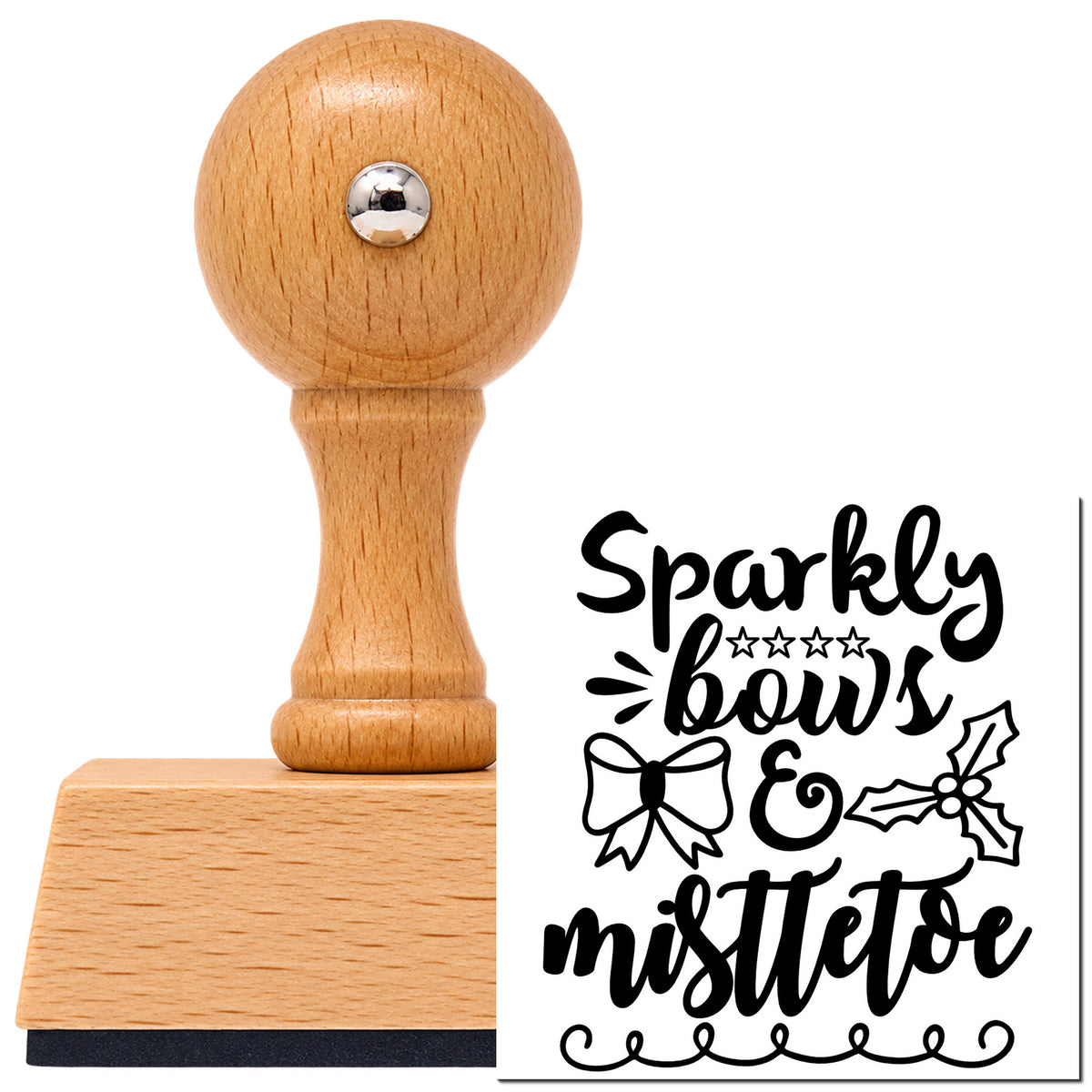 Vintage Pro beech wood stamp with a round knob handle, shown with its black Sparkly Bows & Mistletoe Holly imprint on white.