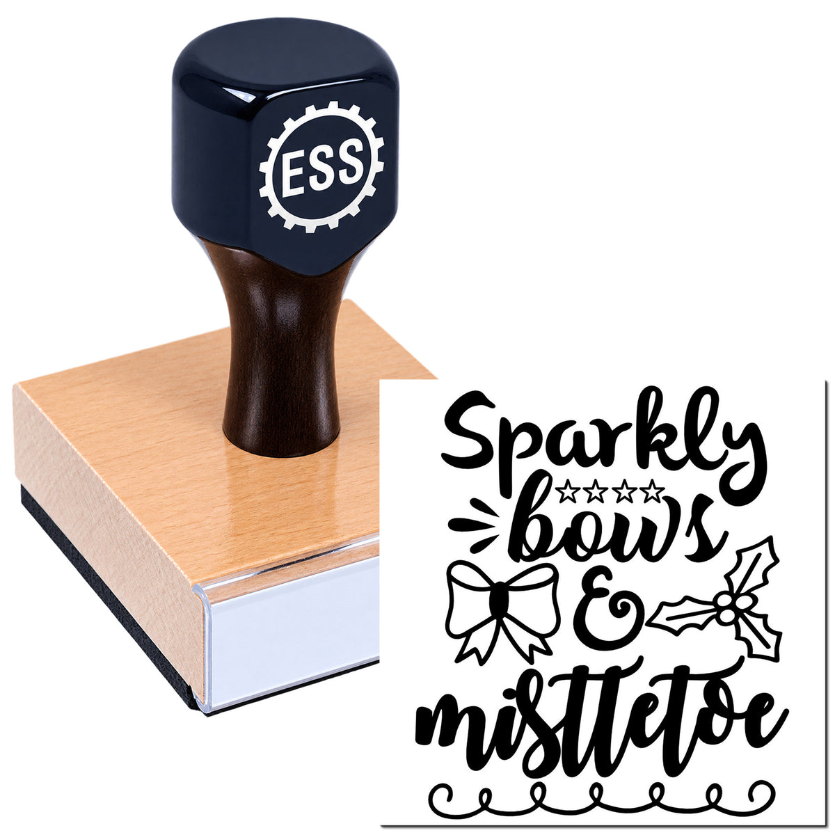 Black ESS stamp on a wood block beside a festive seal design reading "Sparkly bows & mistletoe" with bow and holly accents.