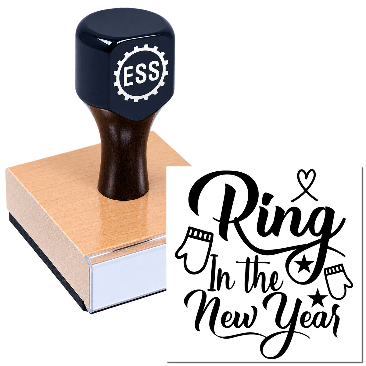 Black ESS rubber stamp on wood block, with a black "Ring In the New Year" seal design, hearts, mittens and stars.