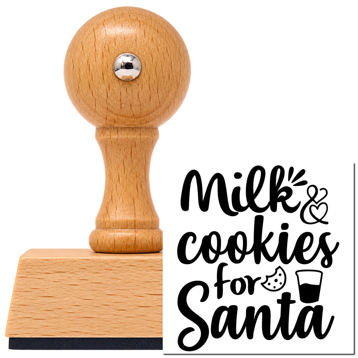 Vintage Pro beech wood stamp with a round knob handle, shown with its black Milk And Cookies For Santa imprint on white.