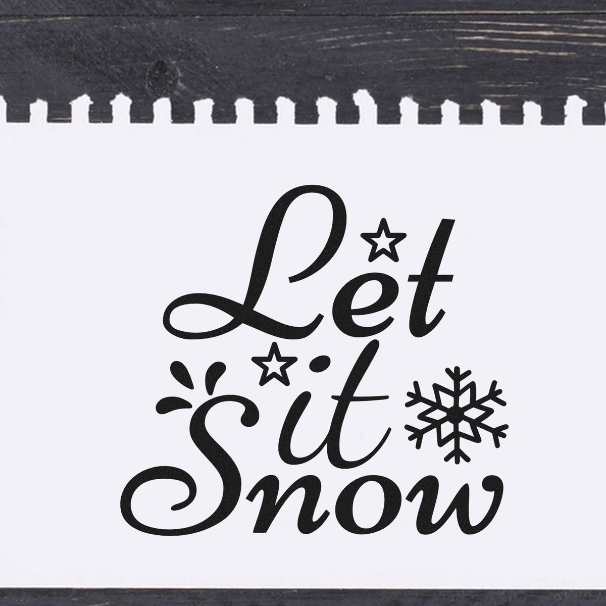 Let It Snow Stars Pre-Inked Stamp – Slim imprint stamped in black ink. “Let It Snow” appears in flowing script with stars, a large snowflake, and accent strokes.
