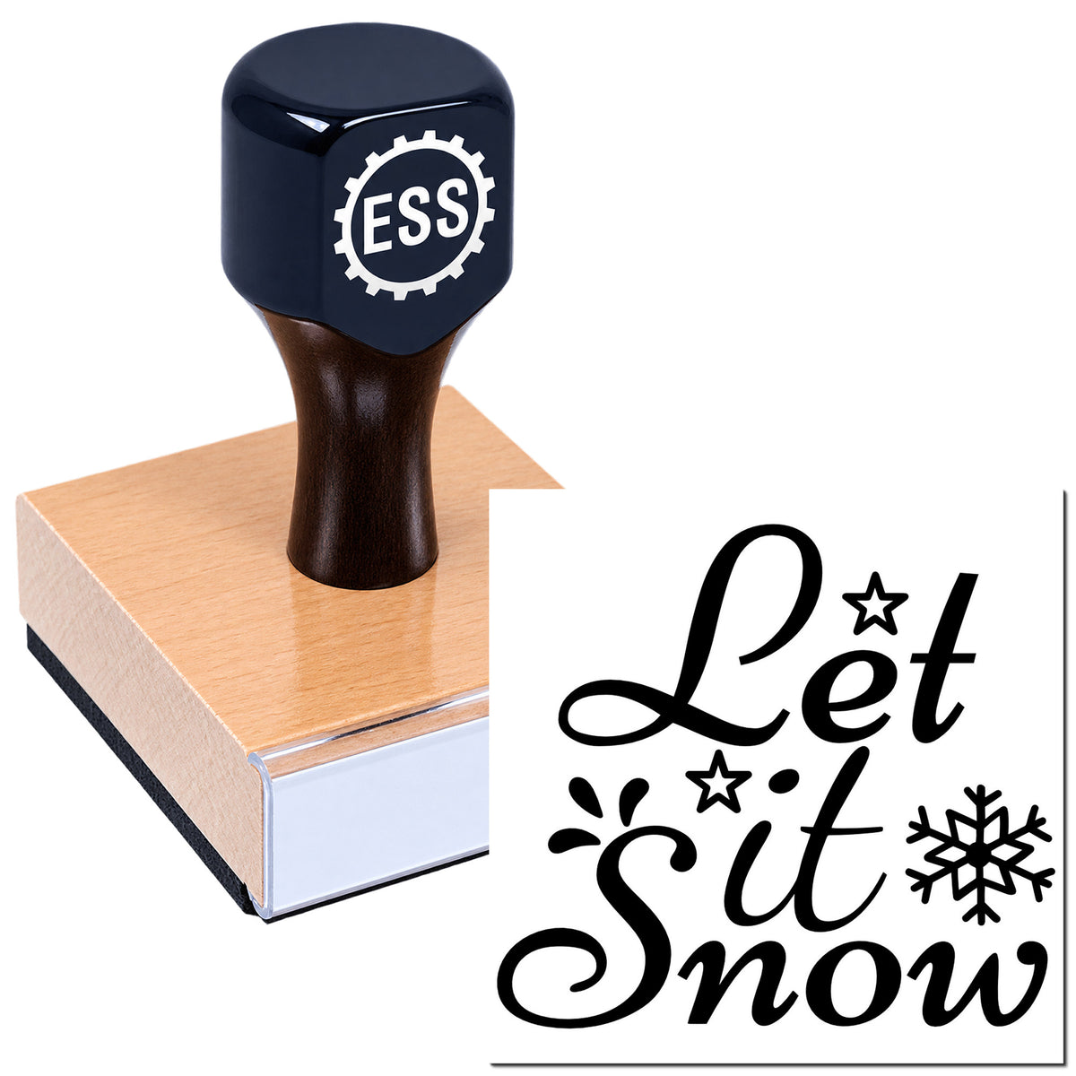 Dark blue ESS custom stamp and seal on wooden block with "Let it Snow" text, stars, and snowflake accents.