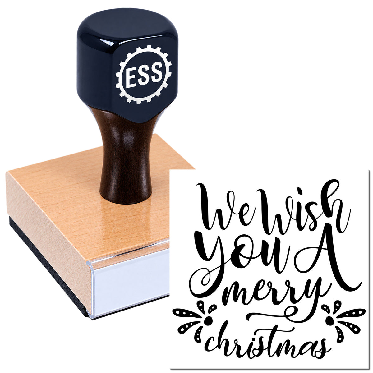 Navy ESS custom stamp on wooden block beside black "We Wish You a Merry Christmas" seal design