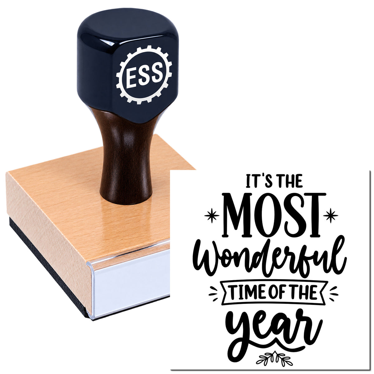 Navy ESS rubber stamp and seal on a wooden block with "It's the most wonderful time of the year" design.