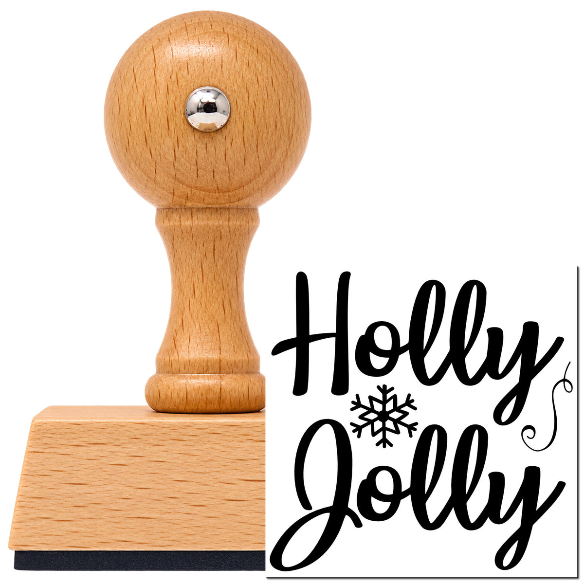 Vintage Pro beech wood stamp with a round knob handle, shown with its black Holly Jolly Snowflake Script Lettering imprint on white.