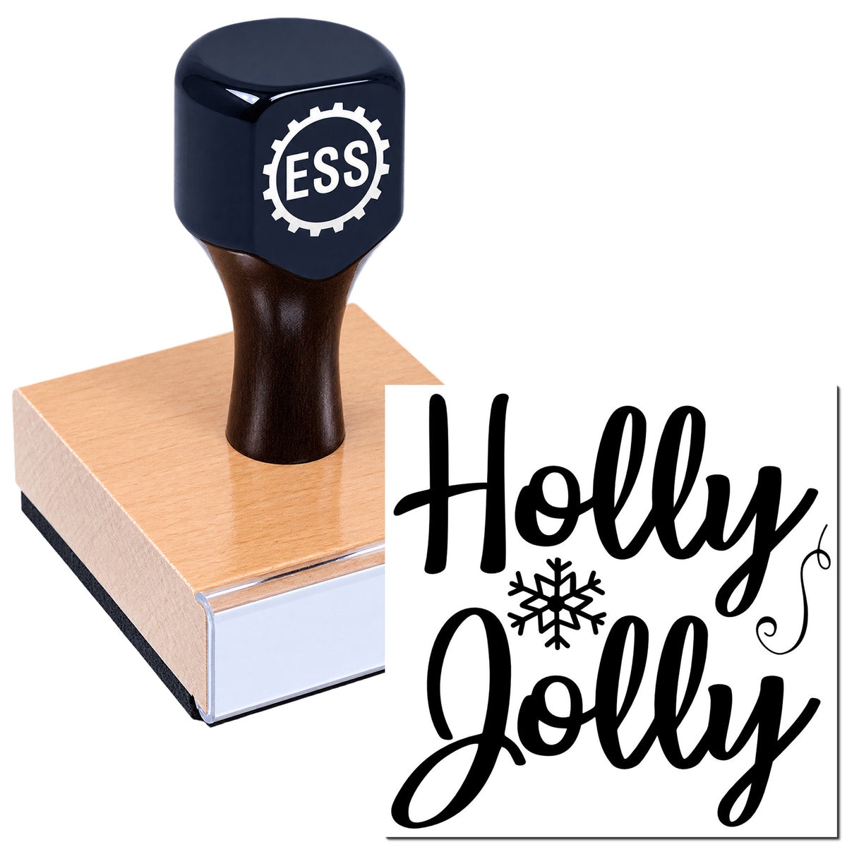 Dark blue ESS custom stamp and seal on a wood block, with black "Holly Jolly" lettering and snowflake design on white background.