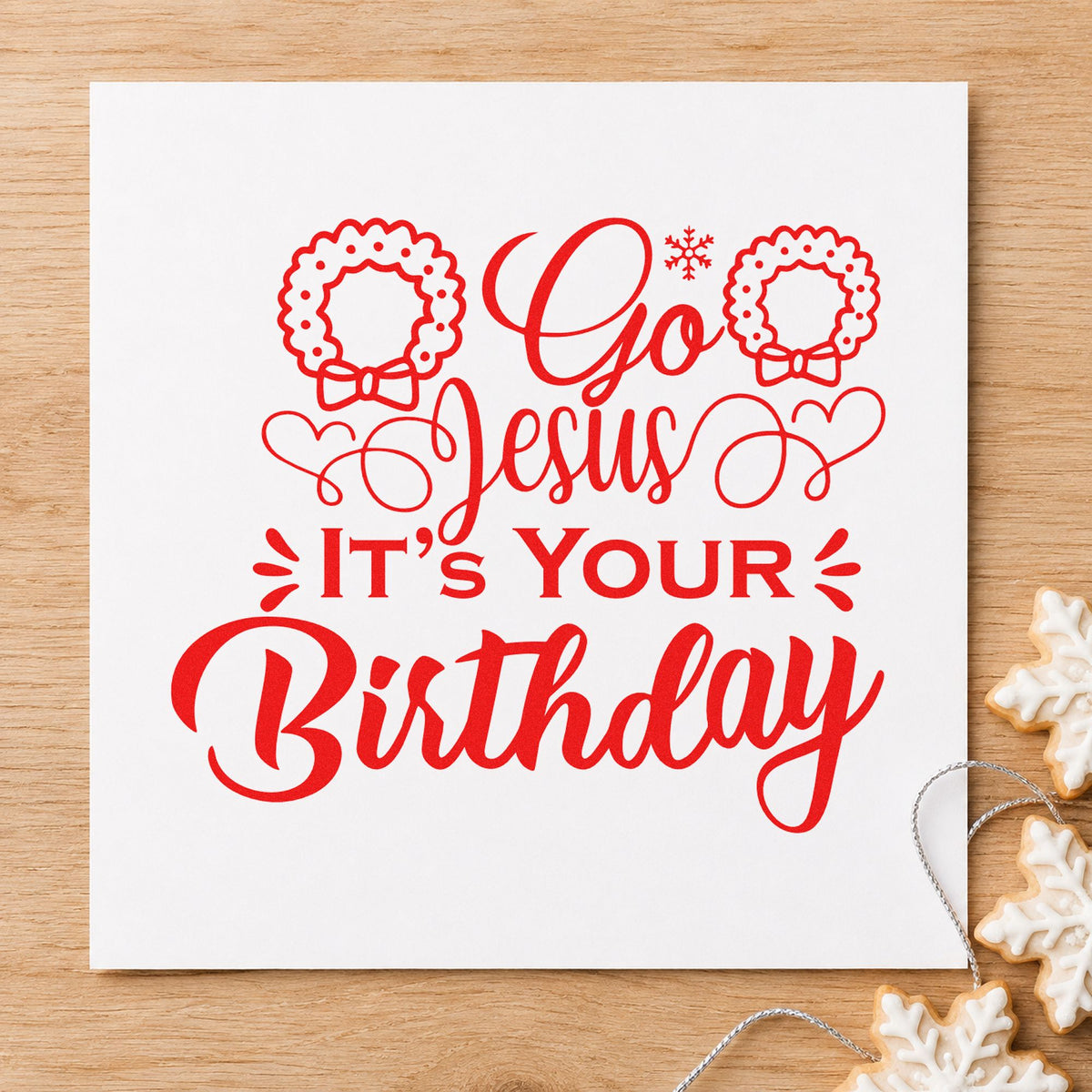 Go Jesus It's Your Birthday craft stamp in red ink on cardstock, an easy option for party hat printing.