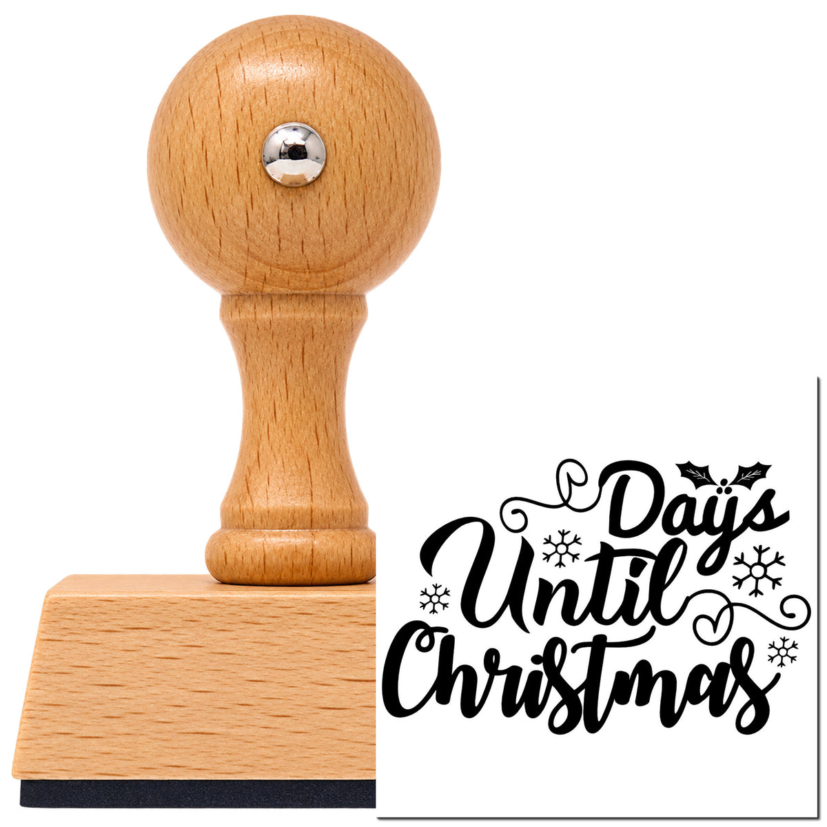 Vintage Pro beech wood stamp with a round knob handle, shown with its black Days Until Christmas imprint on white.