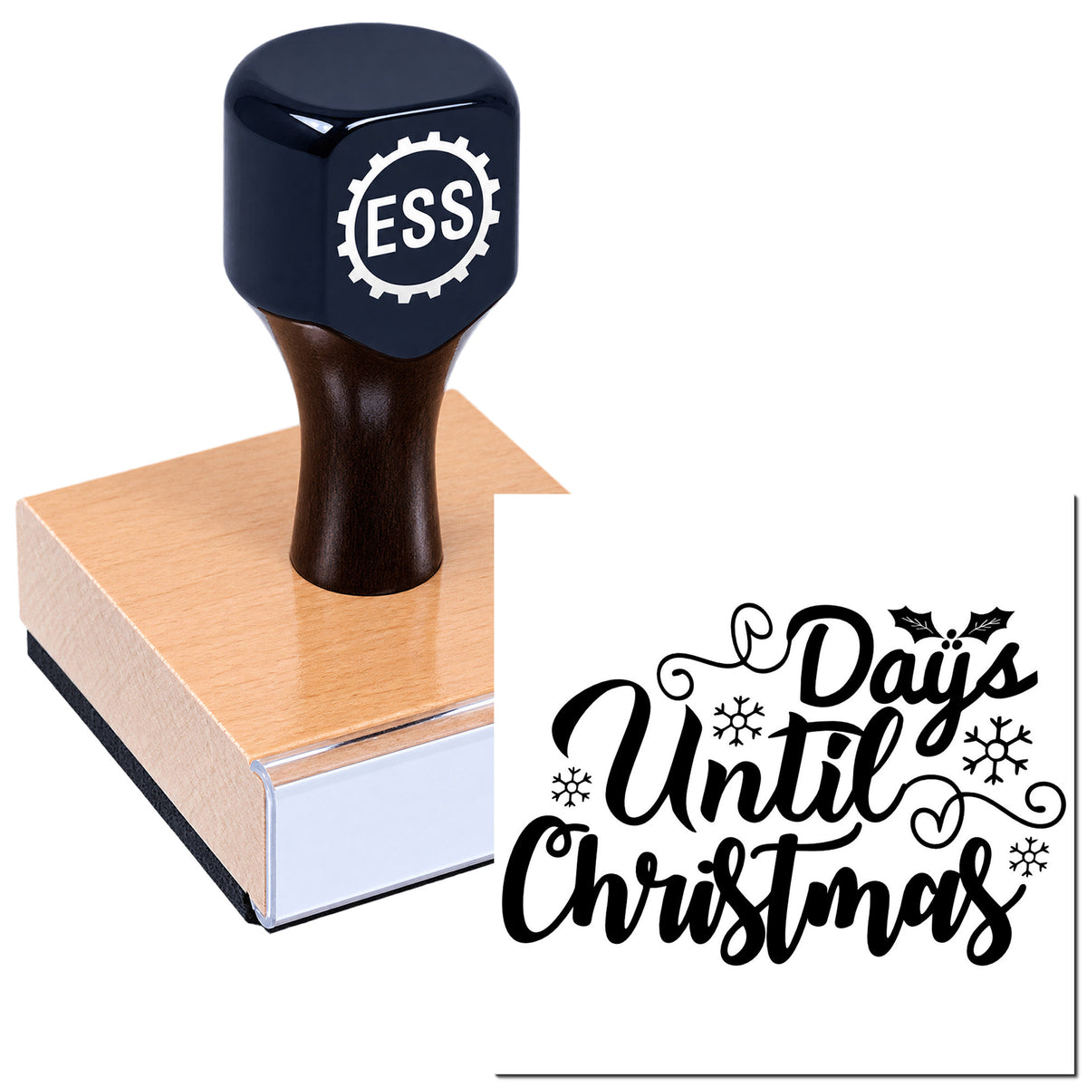 Dark blue ESS rubber stamp on wooden seal block with black "Days Until Christmas" design and snowflakes.