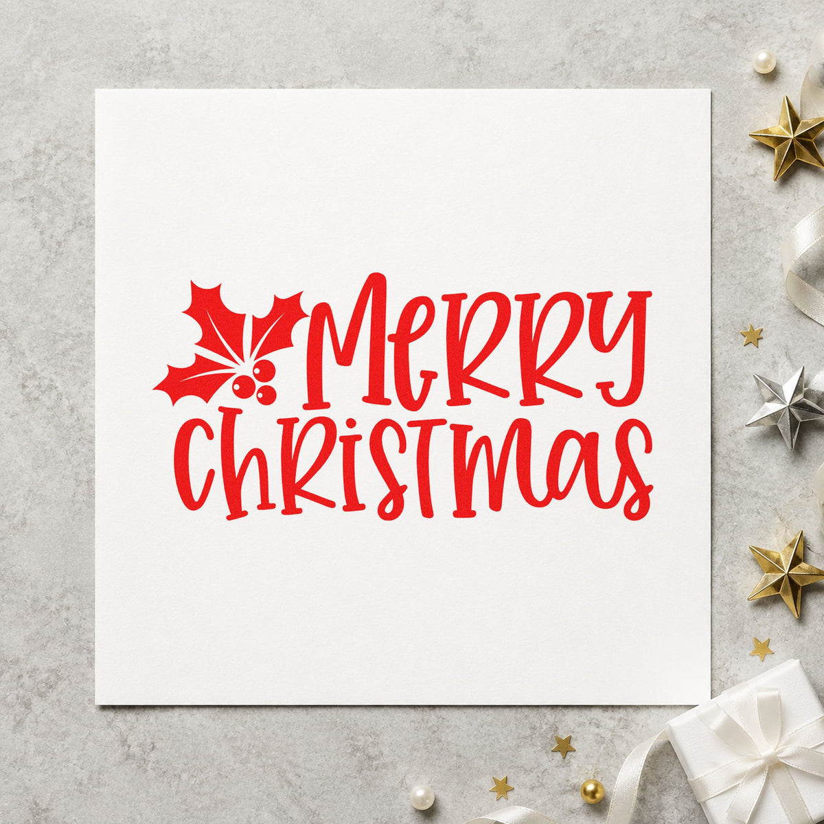 Merry Christmas Holly Corner craft stamp in red ink on cardstock, an easy option for napkin fold ink.