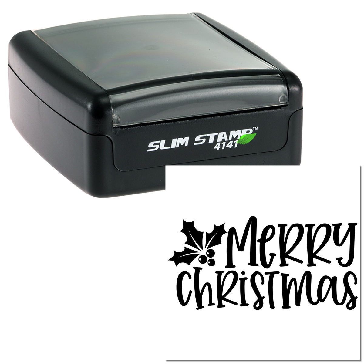 Black self-inking Slim Stamp 4141 with gray cover beside a white Merry Christmas holiday seal in black script and holly.