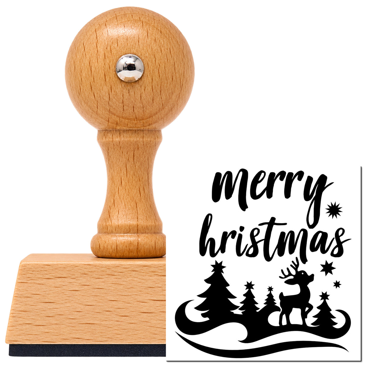 Vintage Pro beech wood stamp with a round knob handle, shown with its black Deer And Pines With Holiday Lettering imprint on white.