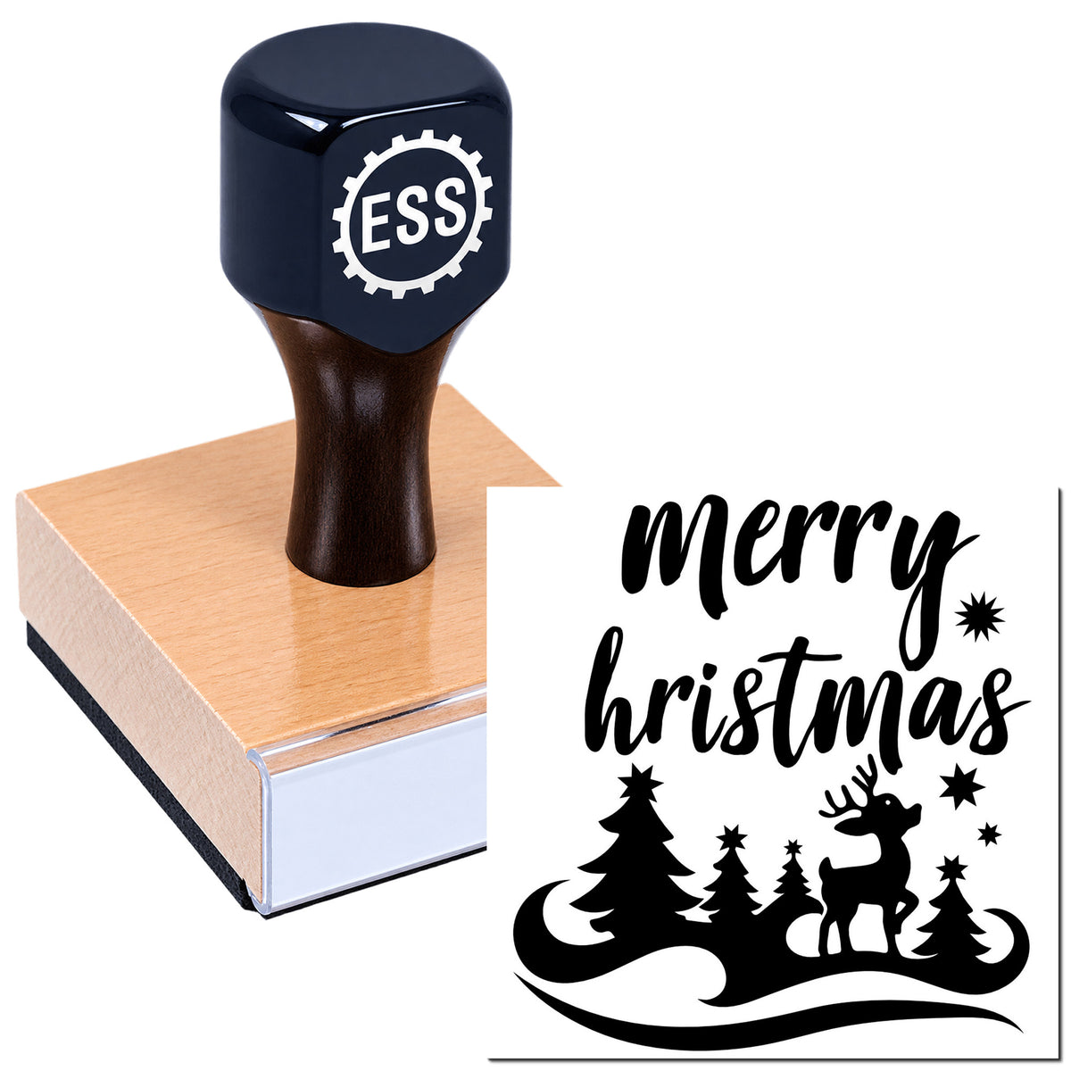 Black ESS custom stamp on wood block, with a Merry Christmas seal design of trees, reindeer and snowflakes.