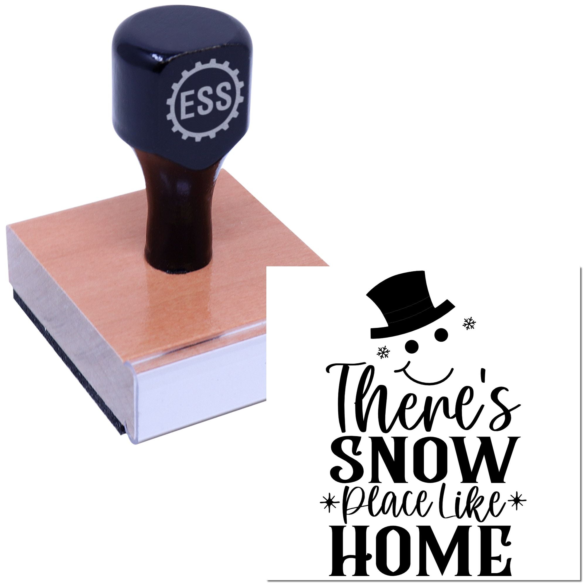Black ESS rubber stamp and seal on wooden block with snowman design reading There's snow place like HOME.