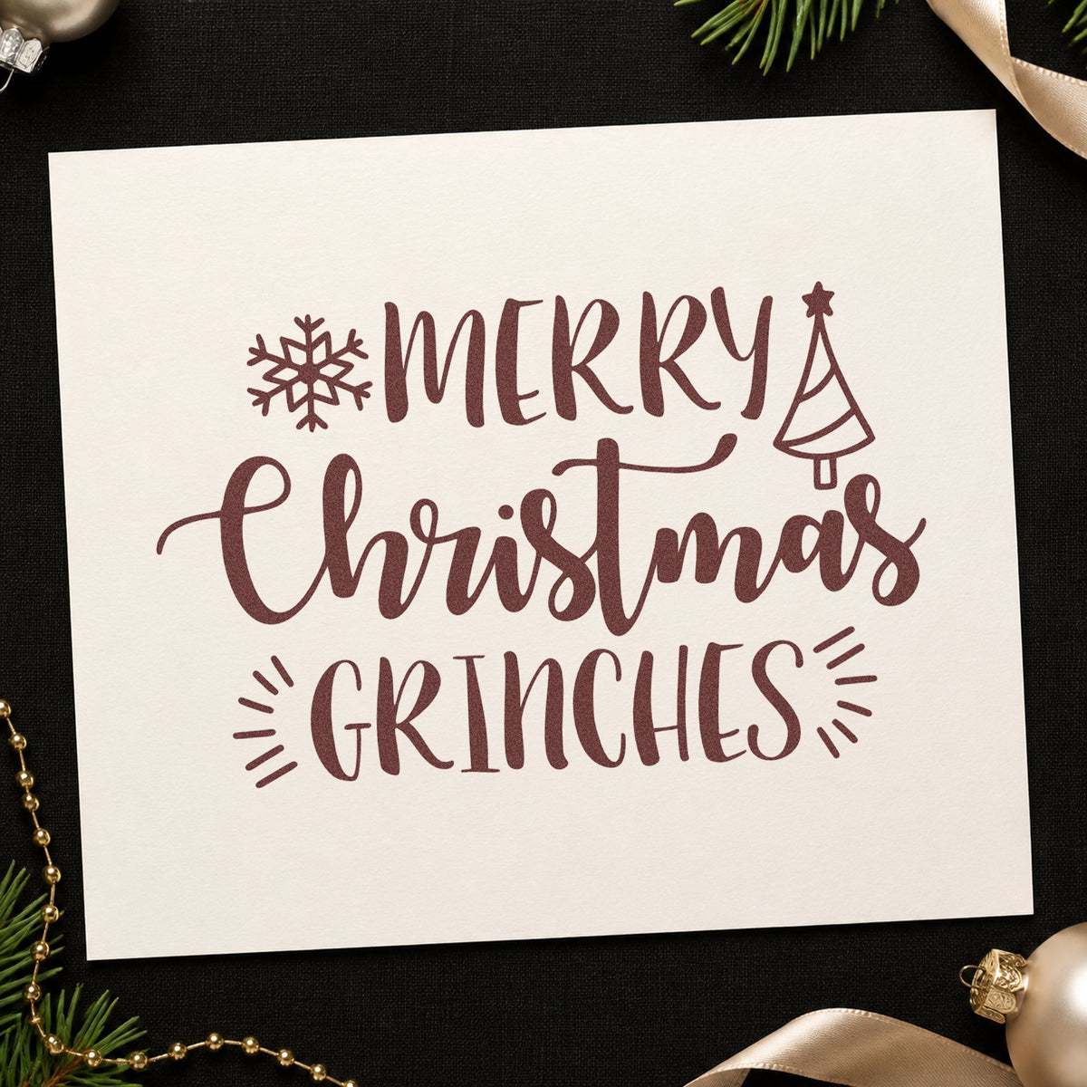 Merry Christmas Grinches rubber stamp printed in brown ink, ready for excuse bingo sheet and similar paper crafts.